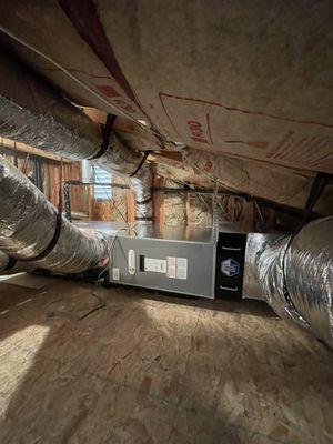 Heat pump air handler with a hepa filter cabinet and new ductwork.