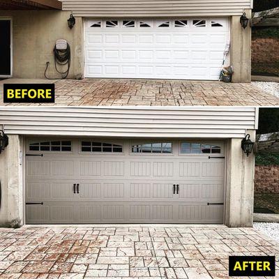 long residential overhead garage door before and after