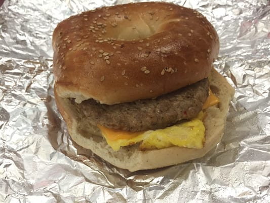 Sausage egg & cheese on a toasted sesame bagel