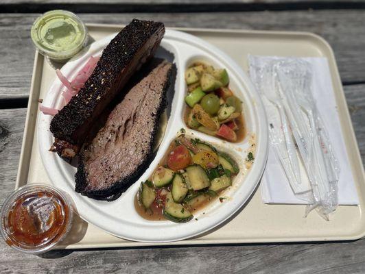 two meat plate; lamb rib, brisket. sides: fruit chaat, kachumber salad.