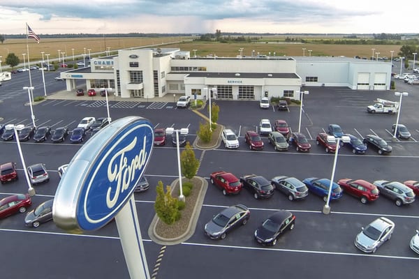 We love this shot of the Ford Blue Oval up high over the lot!