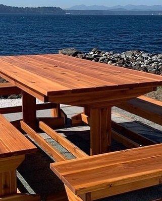 Six foot trestle table with added end benches.