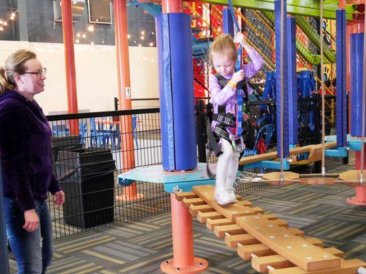 Little children 48" tall and under are able to explore a ropes course at a more comfortable height designed specifically for their needs.