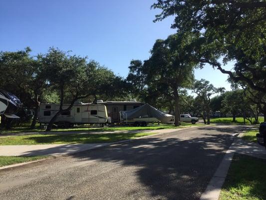 Some of the spacious slots, all of the spots are shaded and the trees are all trimmed so that nearly any RV size will clear them.