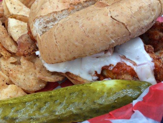 Buffalo chicken sandwich with homemade chips--so good!