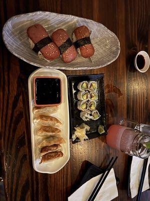 Spam musubi, eel avocado roll, pork gyoza