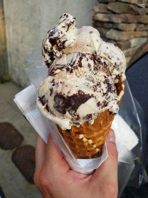 Marshmallow s'mores ice cream in a homemade waffle cone!