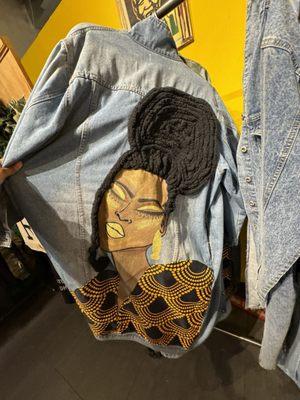 Hand painted long denim jacket with 3d hair and african print