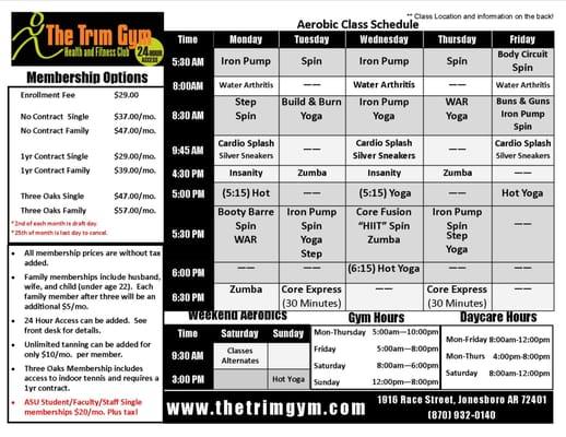 Aerobics Class Schedule!