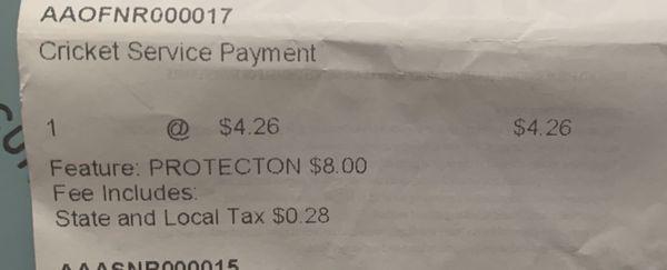 Proof of pro rated Insurance fee I was charged, eventually an $8 a month if I wouldn't have caught it. She signed me up without my consent.