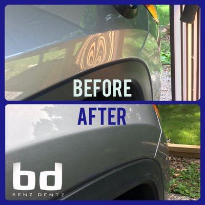 Fender Dent Removal using only paintless dent repair methods in Corinth Mississippi.