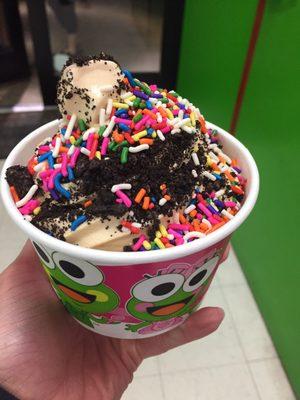 Fill the 12oz cup for $4.44 deal day!! Salted caramel / cookies & cream combo with Oreo crumbles and rainbow jimmies!