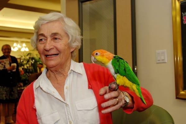 Resident Claire has some play time with Zach, the parrot.