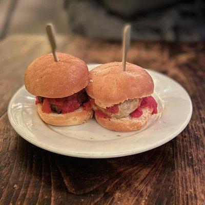 Veggie Slider (left) & Chicken Slider (right) with Pomodoro Sauce