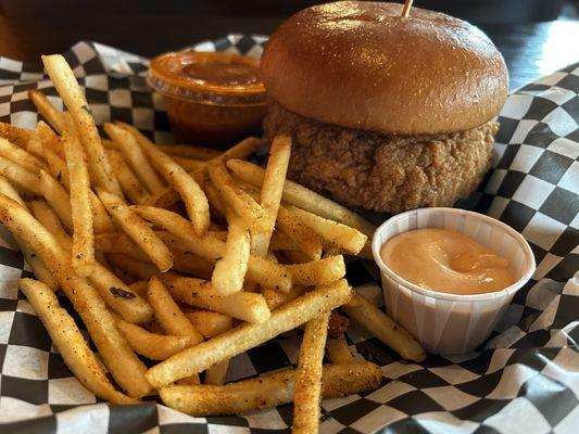 Great presentation! Hot honey chicken, sauce on the side, with shoestring fries and Burgeezy sauce.