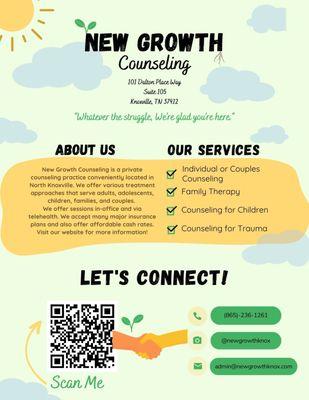 Let's connect! Check out the picture for more information about our practice and getting started with counseling!