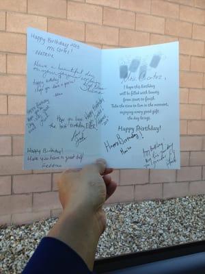 The employees came together to sing my Grandma Happy Bday, presented her a bday card and a cupcake with a candle.