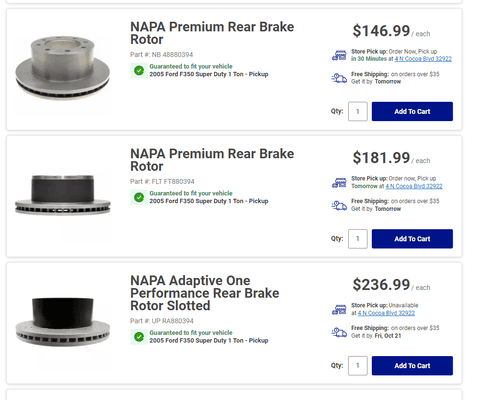 NAPA website with approved rear rotors for my truck