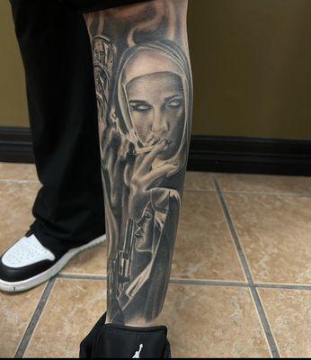 Healed shin tattoo