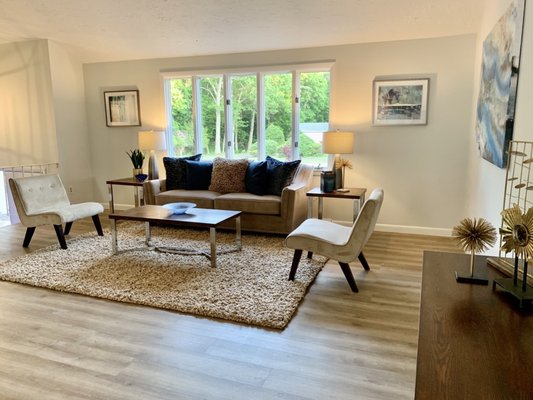 Staged living room in Sharon, Mass by Heidi CAN! Home Staging.