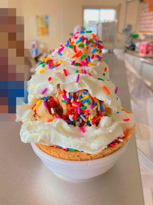 Waffle bowl sundae with whipped cream and sprinkles. Wow!