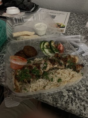 Chicken Kabab, rice , falafel's