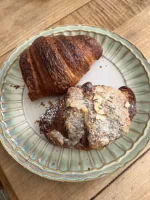 Plain croissant, airy and tasty, and an almond croissant