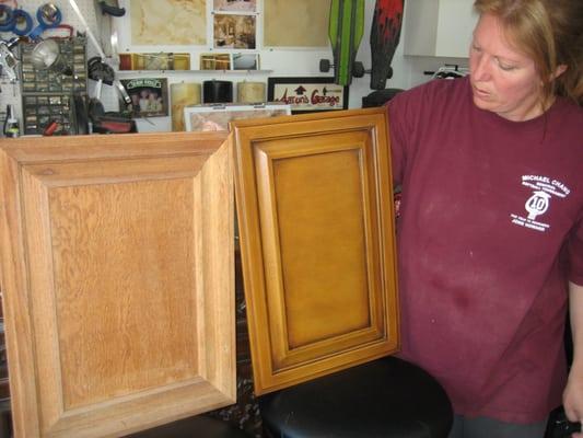 Before and After of a single Kitchen Cabinet door.. 3 Artists on staff - Great Craftsmanship and a fully operational workshop.