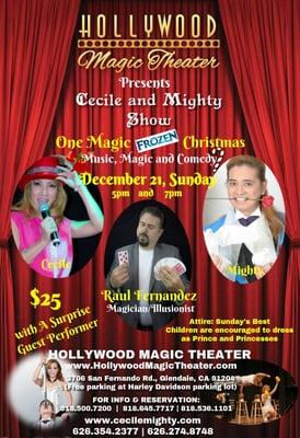 Cecile & Mighty's Holiday season Music and Magic show will be at the Hollywood Theater Glendale Los Angeles on Dec. 21 Sunday.