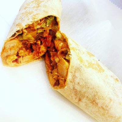 Try a seasoned grilled chicken wrap with sauteed onions peppers and salsa