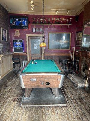 The pool room is open again and has been renovated somewhat. Good job folks. 50 cents per game. Bar is terrific too.