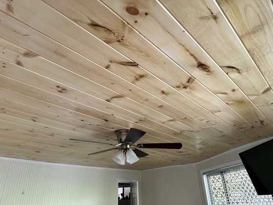 Tongue and Groove ceiling. Ryan also reinstalled the ceiling fan.