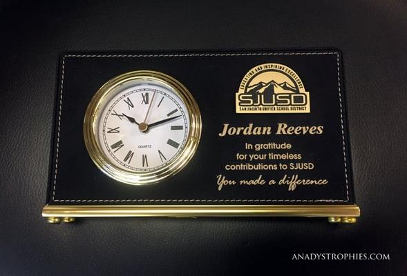 Leather engraved clock with Gold logo