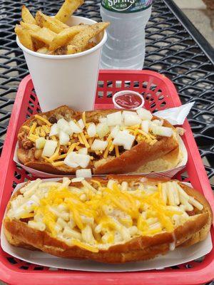 Mac & Cheese Dog, Chili Dog, Fries