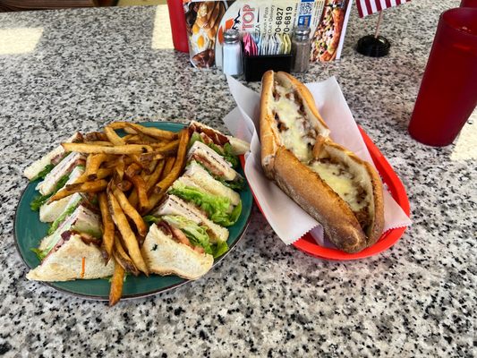 Turkey club and fries  Pizza cheese Steak