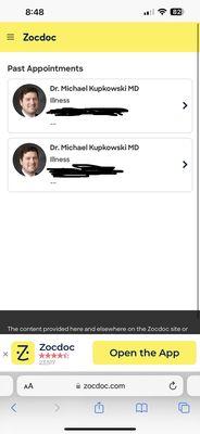 Screenshot of my appointment history with Michael Kupkowski on Zocdoc.