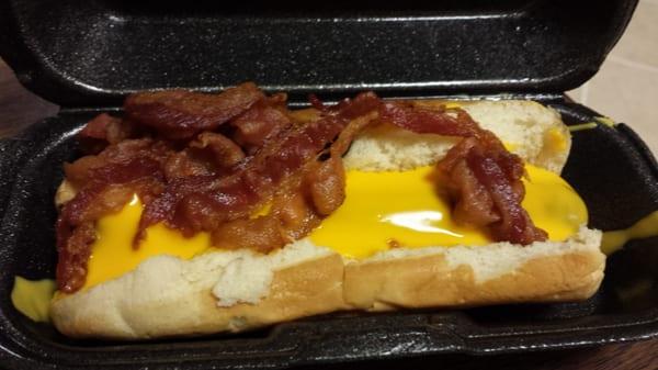 Bacon cheddar hot dog.