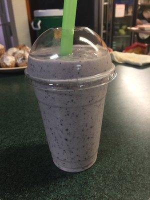 Blueberry, banana, local honey, peanut butter, almond milk smoothie! Yum!!!