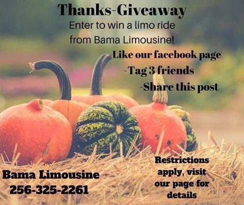 Give back time. Go to face book page- Bama Limousine for more info.