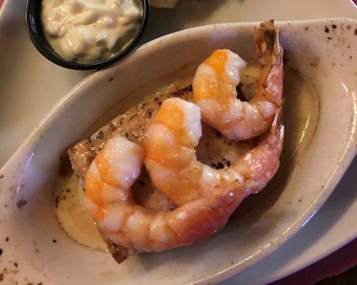 Shrimp Scampi atop of Salmon Filet