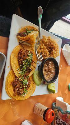 birria tacos with rice and beans