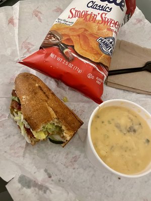 Lunch hoagie and potato soup with utz chips