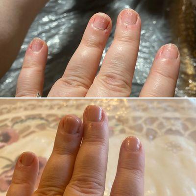 Manicure with gel polish. Phalla was gentle in tending my cuticles and through in smoothing my damaged nail bed. Top before/bottom after