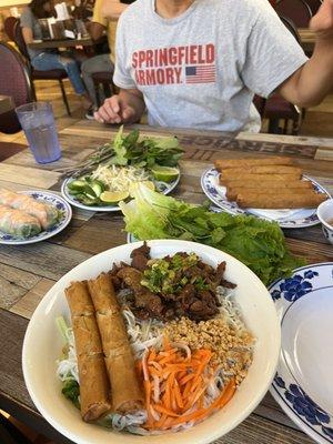 Rice Vermicelli With Bbq Pork, Spring Rolls, Egg Roll