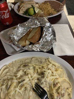 Tacos combo and order of Chicken alfredo (came with the two pieces of toast wrapped in foil)