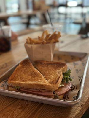 Club sandwich and fries