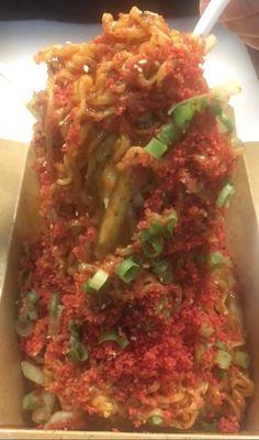 Flaming Inferno Nood-Fries - Spicy Chicken Flavored Carbonara Ramen With Shredded Cheese & Hot Cheetos On Top.