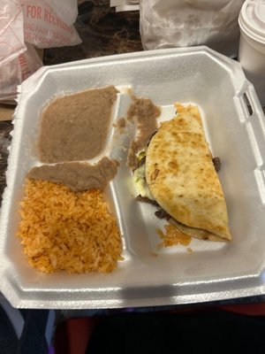 Beef quesadilla, rice and beans