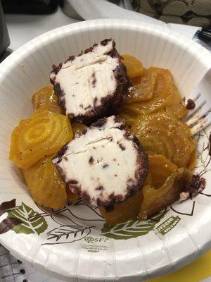 Beets with cranberry/goat cheese medallions. YUM!  YUM!  YUM!