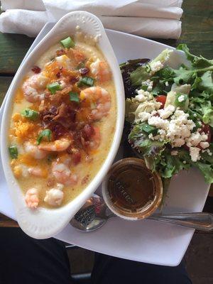 Shrimp and grits with a side salad